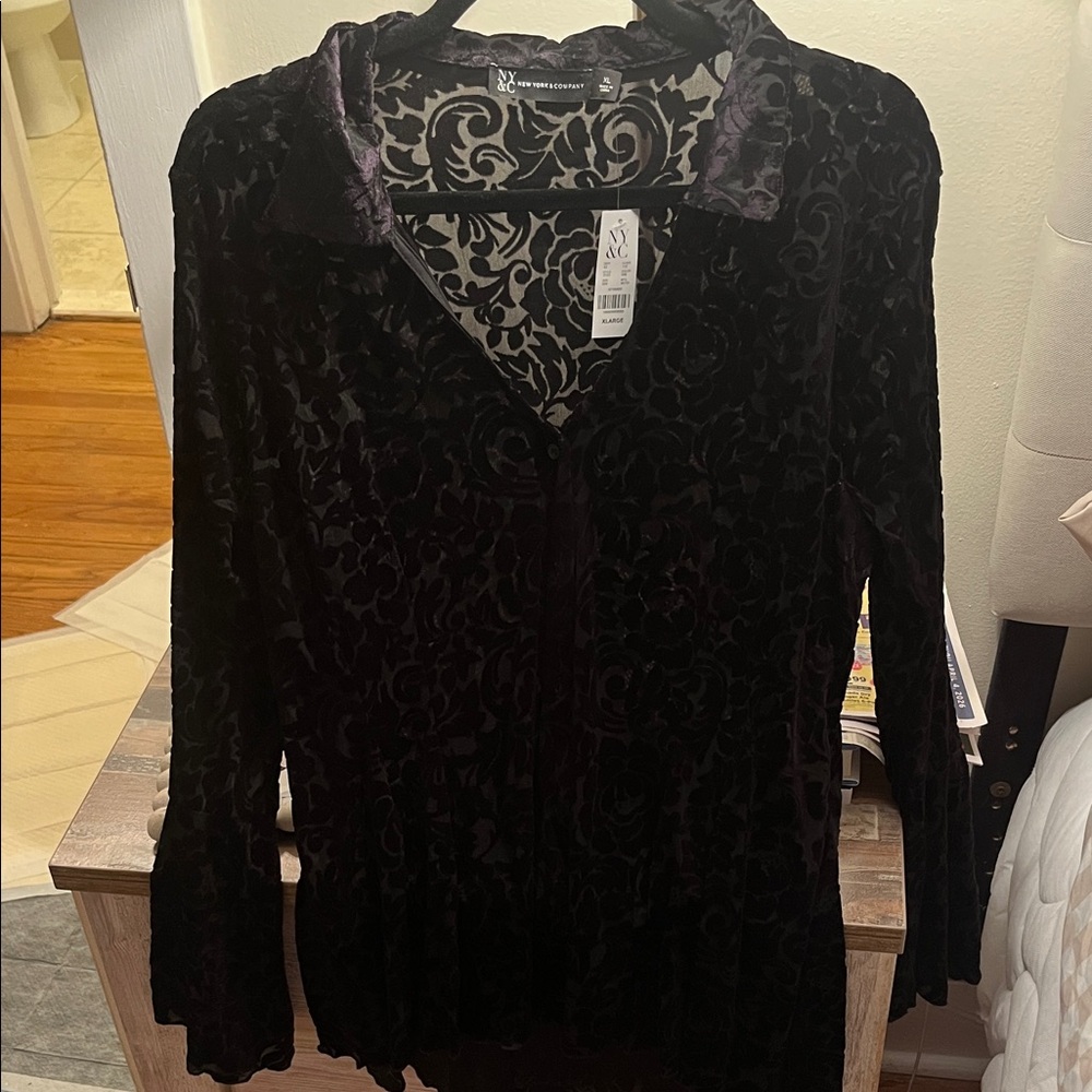 New York & Company Purple and Black Velvet Burnout Button-Front Long Sleeve Top